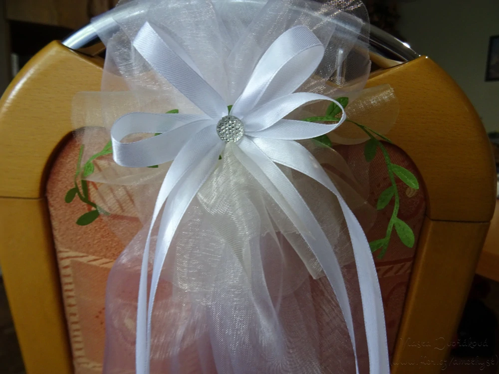 Mašle svatební s lístky - bílá / smetanová organza