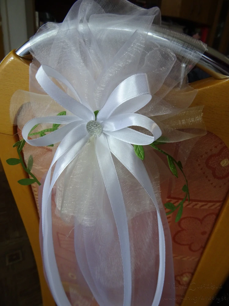 Mašle svatební s lístky - bílá / smetanová organza